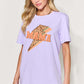 Woman wearing MAMA Round Neck Short Sleeve T-Shirt in lavender with leopard print design