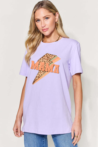 Woman wearing MAMA Round Neck Short Sleeve T-Shirt in lavender with leopard print design