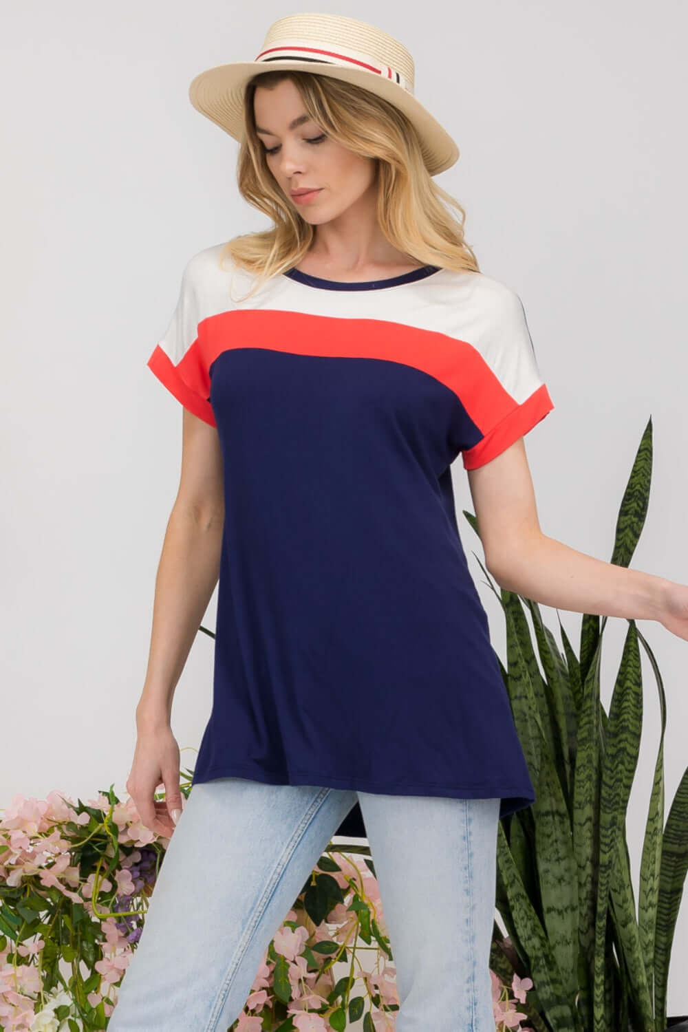 CELESTE Full Size Color Block Round Neck Short Sleeve T-Shirt at Bella Road