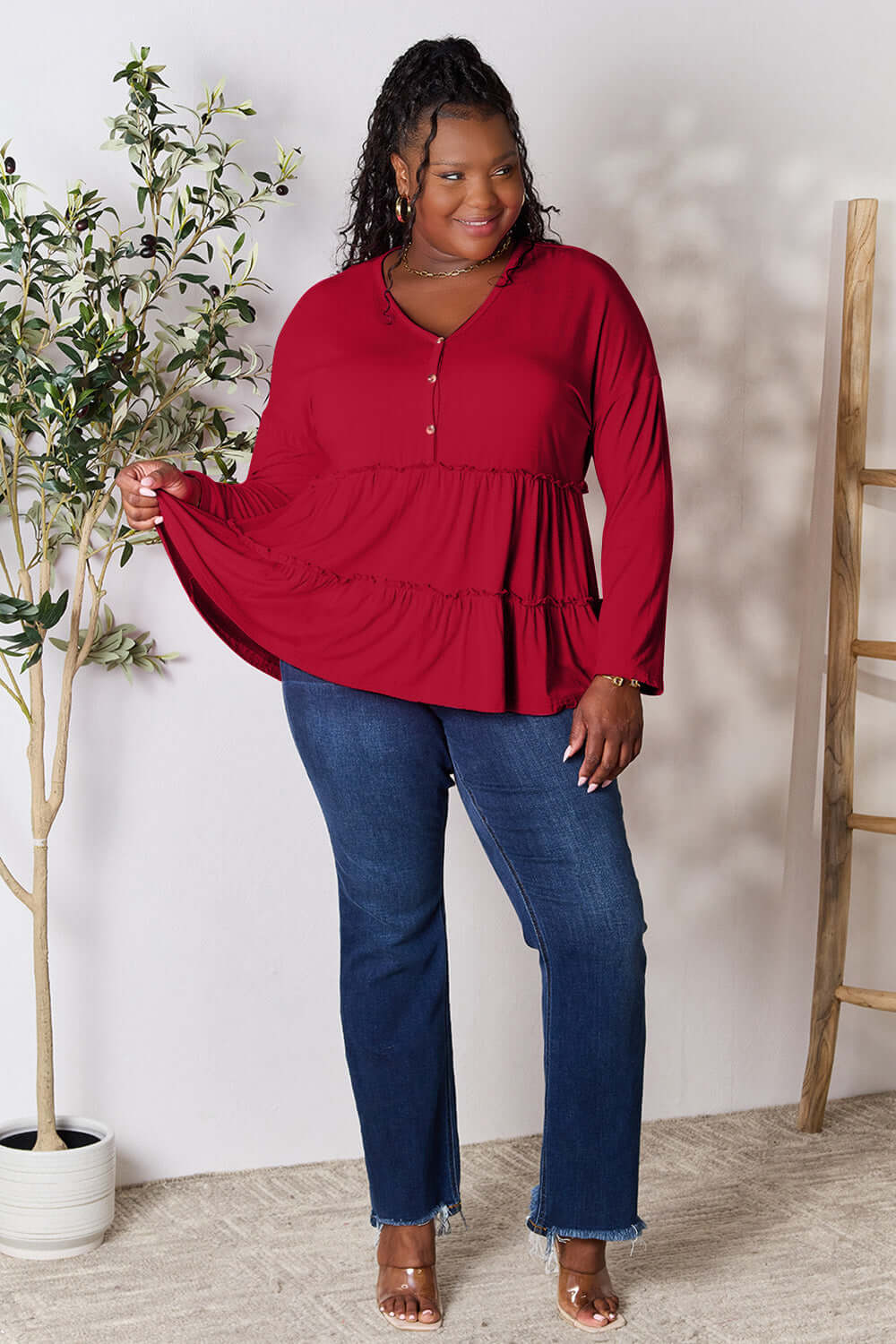 DOUBLE TAKE Half Button Long Sleeve Ruffle Hem Blouse at Bella Road