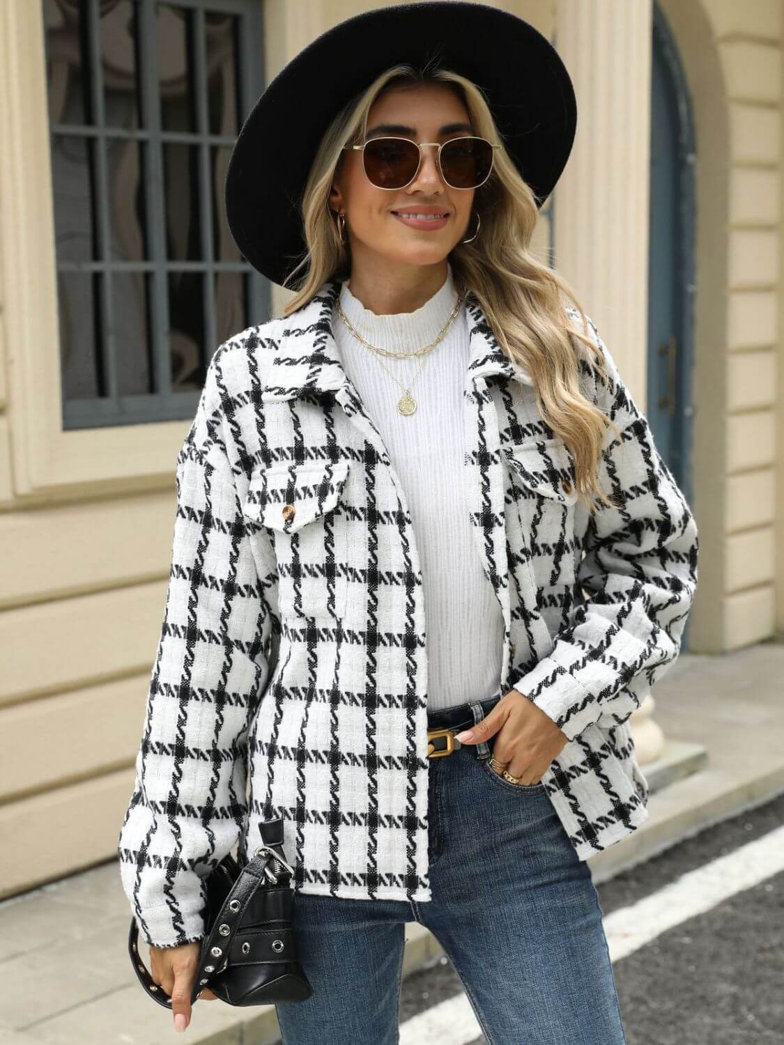 Woman wearing Bella Road Plaid Collared Neck Long Sleeve Jacket outside