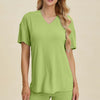 Ribbed V-Neck Short Sleeve Top and Shorts Set - Yellow Green