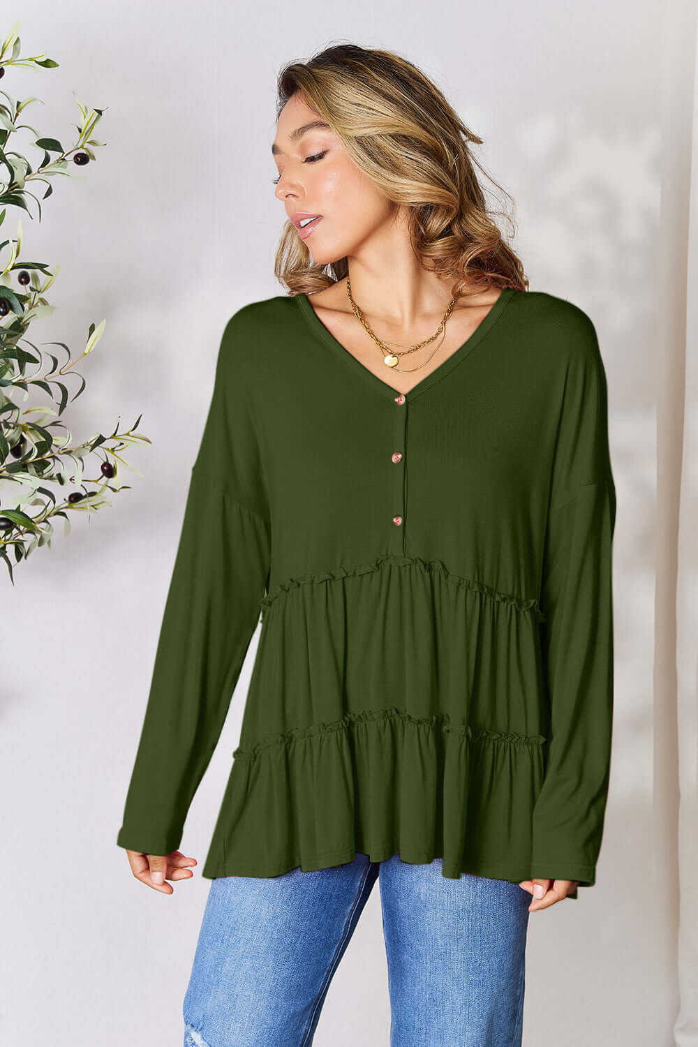 DOUBLE TAKE Half Button Long Sleeve Ruffle Hem Blouse at Bella Road