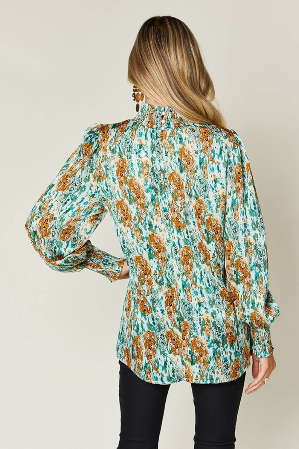 DOUBLE TAKE Full Size Printed Smocked Long Sleeve Blouse at Bella Road