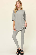 DOUBLE TAKE Full Size Round Neck Dropped Shoulder T-Shirt and Leggings Set at Bella Road