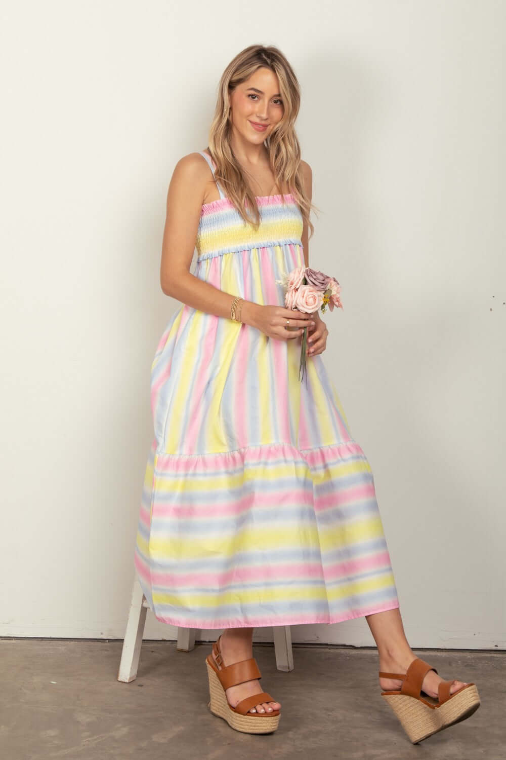 VERY J Striped Woven Smocked Midi Cami Dress at Bella Road