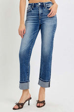 Full size high rise crop straight roll up jeans in a stylish blue wash, perfect for casual and dressy occasions.