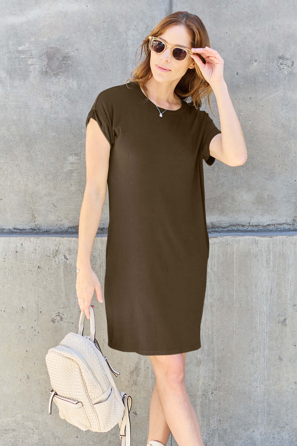 BASIC BAE Full Size Round Neck Short Sleeve Dress with Pockets at Bella Road