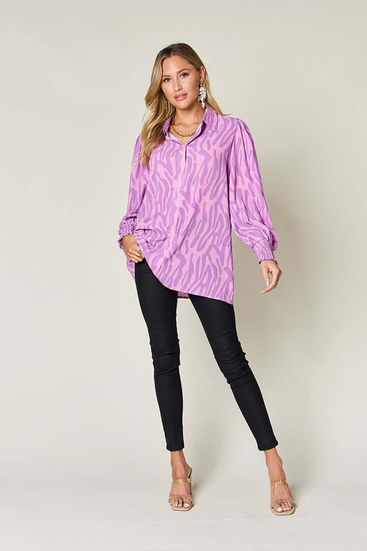 DOUBLE TAKE Full Size Printed Smocked Long Sleeve Blouse at Bella Road