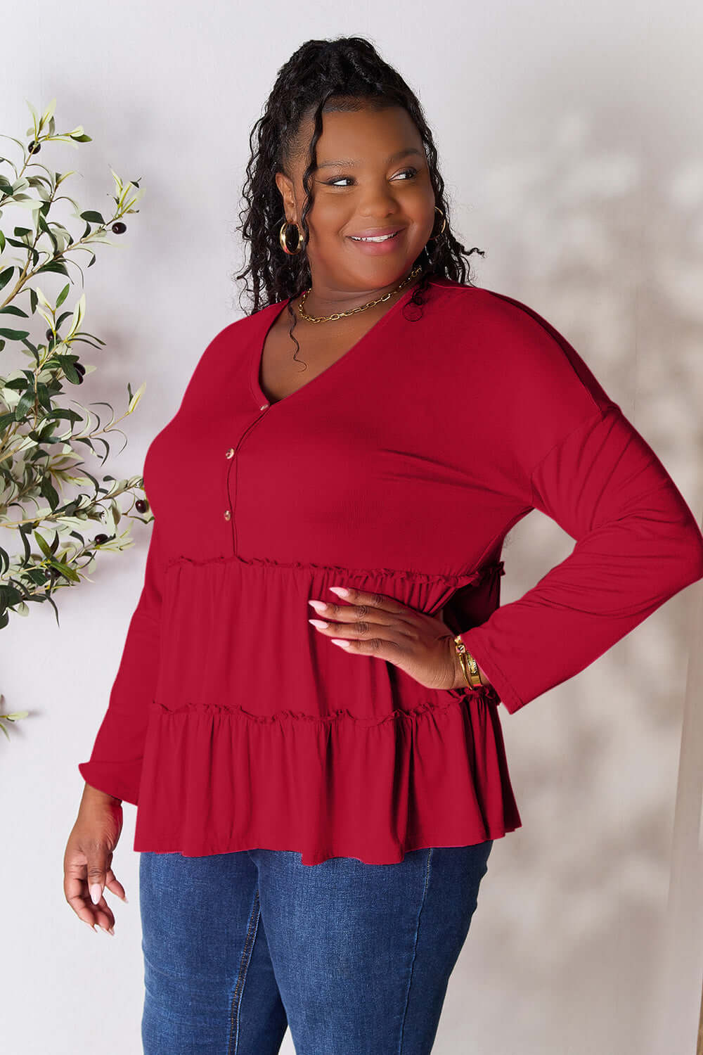 DOUBLE TAKE Half Button Long Sleeve Ruffle Hem Blouse at Bella Road