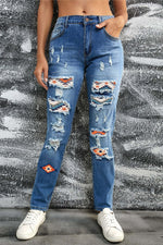 Bella Road distressed straight jeans with pockets, featuring ripped design and slightly stretchy fit, 75% cotton, 24% polyester, 1% elastane