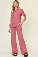 DOUBLE TAKE Full Size Round Neck Short Sleeve T-Shirt and Wide Leg Pants Set at Bella Road