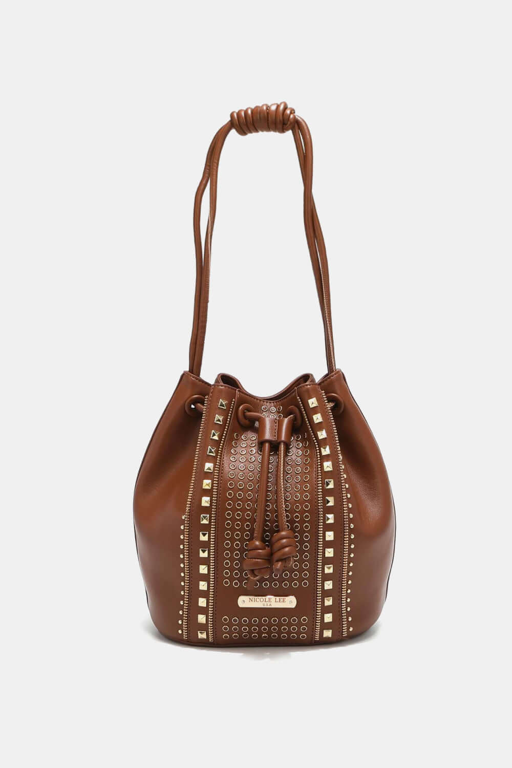 Nicole Lee USA Amy Studded Bucket Bag in pebbled vegan leather with stud and zipper detailing, drawstring closure, and metal feet for durability