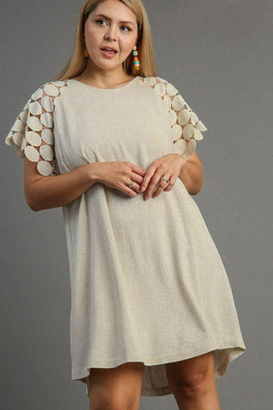Umgee plus size round neck mini dress with textured lace fabric raglan sleeves, perfect for chic occasions.
