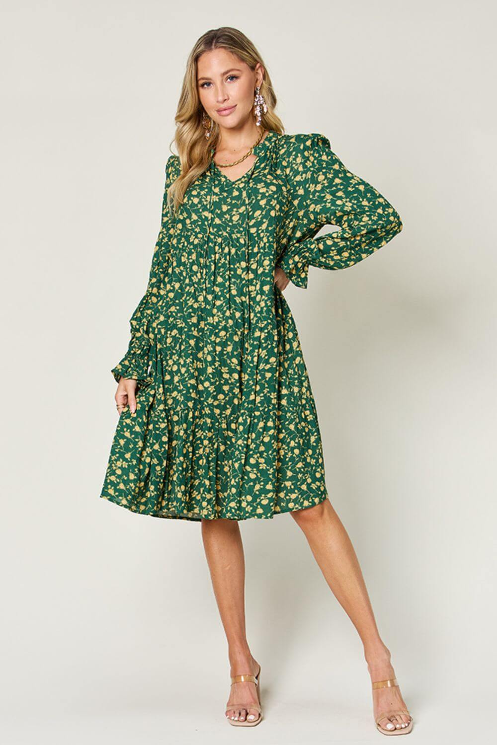 DOUBLE TAKE Full Size Printed Ruffle Hem Long Sleeve Dress at Bella Road