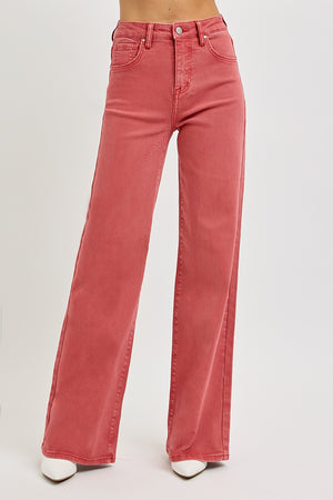 Stylish high rise tummy control wide leg jeans in pink for a flattering retro look.