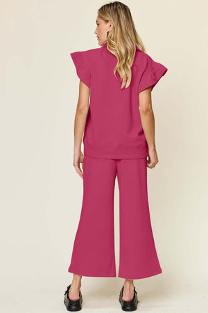 DOUBLE TAKE Texture Ruffle Short Sleeve Top and Drawstring Wide Leg Pants Set at Bella Road