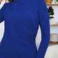 Woman wearing FAM-FAM Ruched Mock Neck Long Sleeve T-Shirt in French Blue, showcasing stylish fall fashion.