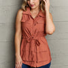 Follow The Light Sleeveless Collared Button Down Top - Rust