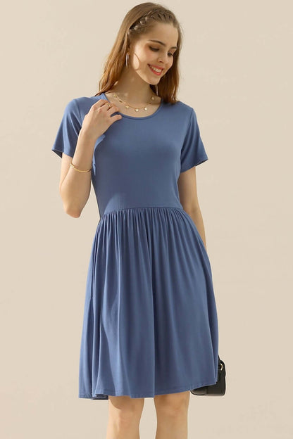 NINEXIS Full Size Round Neck Ruched Dress with Pockets at Bella Road