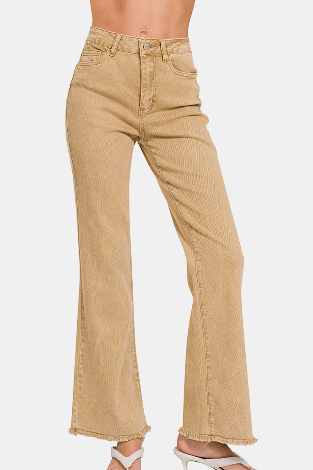 Trendy acid washed frayed hem bootcut jeans in a relaxed fit, perfect for a stylish casual look.