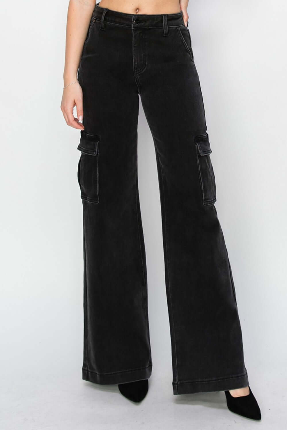 High-rise wide leg cargo jeans with utility pockets by Risen Jeans, showcasing a modern twist on classic cargo pants design.