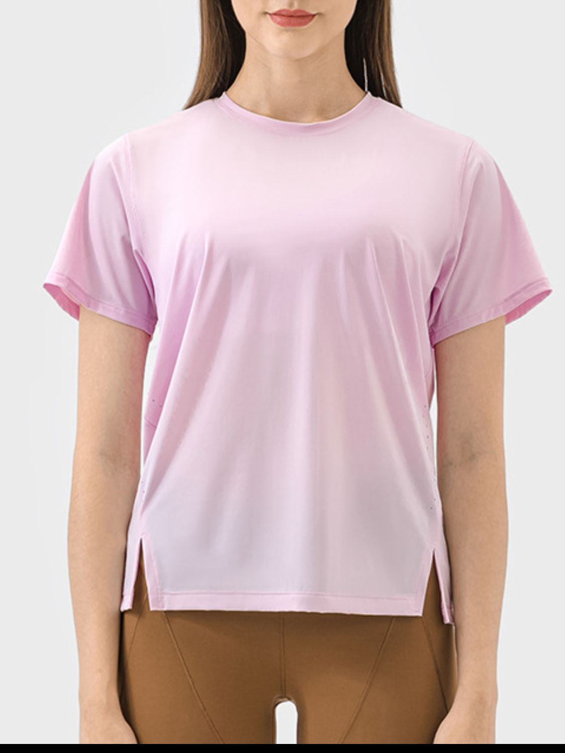 Millennia Slit Round Neck Short Sleeve Active T-Shirt in blush pink, showcasing stylish slit details and breathable fabric.