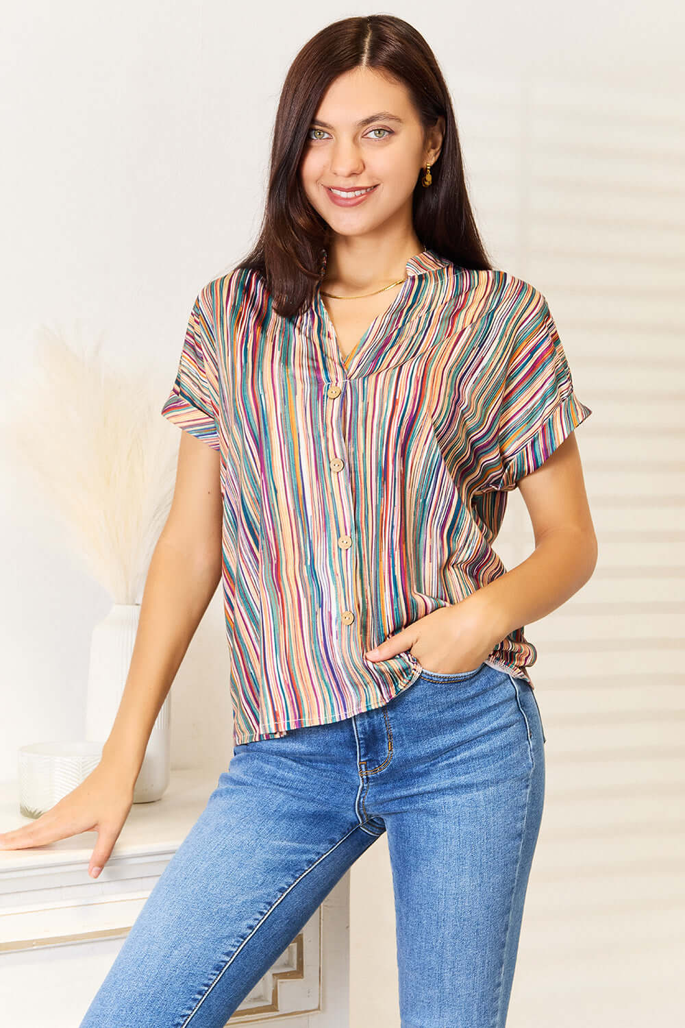 DOUBLE TAKE Multicolored Stripe Notched Neck Top at Bella Road