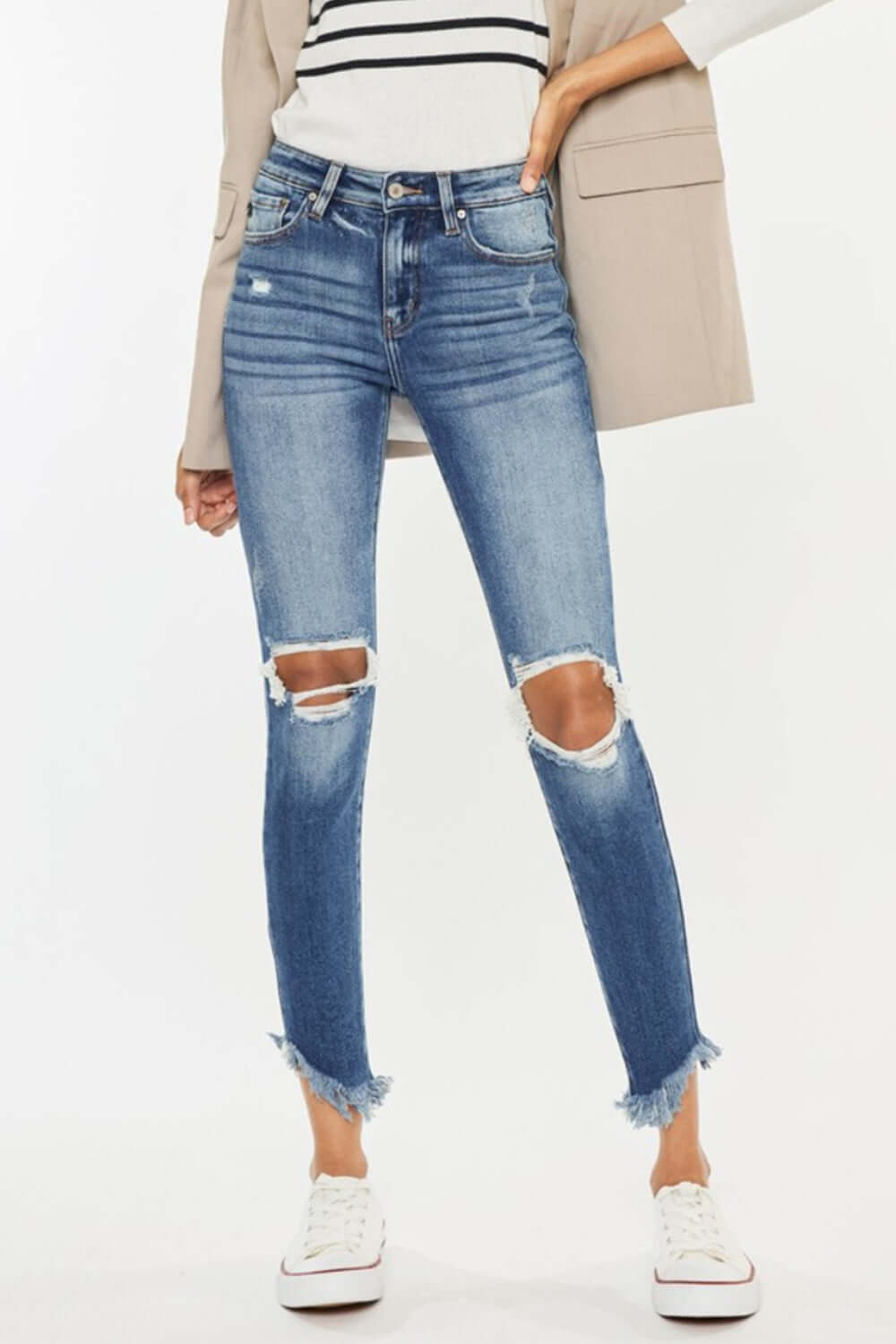 High Waist Distressed Raw Hem Ankle Skinny Jeans with rebellious detailing and a worn-in look