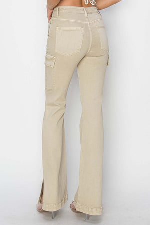 Back view of high-rise side slit cargo bootcut jeans by Risen Jeans, featuring trendy bootcut legs and utilitarian cargo pockets.