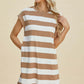 Woman wearing a Basic Bae full-size striped round neck cap sleeve mini dress in beige and white. Stylish and comfortable for any occasion.