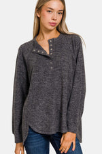 Zenana full size brushed melange hacci high-low sweater with 7-button Henley placket, cozy and stylish oversized fit.