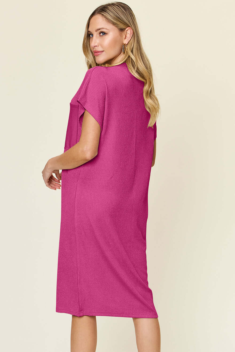 DOUBLE TAKE Full Size Texture Mock Neck Short Sleeve Dress at Bella Road