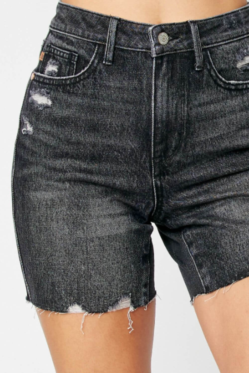 High Waist Tummy Control Black Denim Shorts by Judy Blue Jeans, featuring a slimming design and distressed details for a trendy summer look