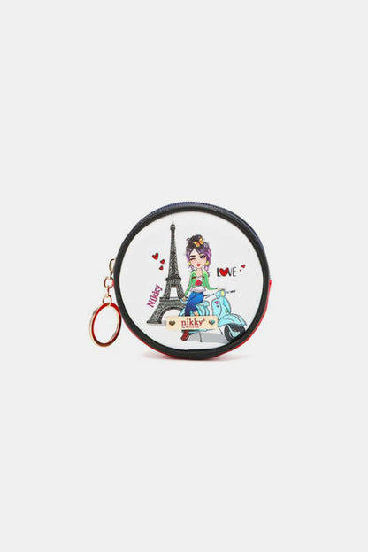 Stylish Nicole Lee USA keychain round coin purse with Eiffel Tower design, perfect for bags, keeps essentials handy and chic.