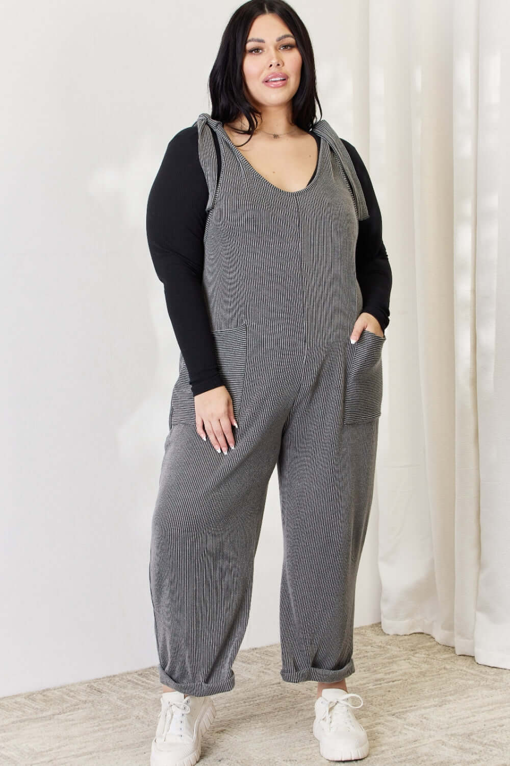 CELESTE Full Size Ribbed Tie Shoulder Sleeveless Ankle Overalls at Bella Road