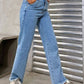 Stylish raw hem jeans with pockets, women's denim fashion, no stretch, cotton blend, perfect casual wear, front view.