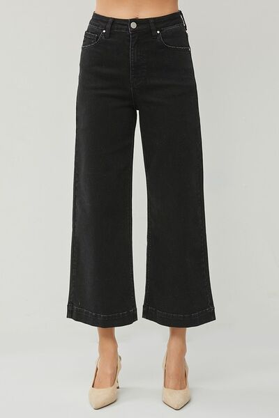 RISEN Full Size High Rise Wide Leg Ankle Jeans in black, perfect for trendy outfits and showcasing shoes.