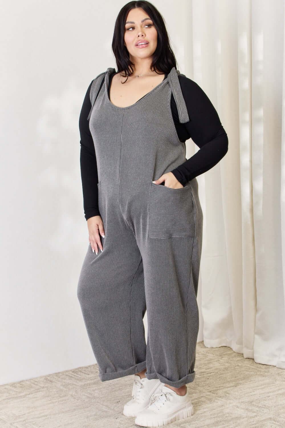 CELESTE Full Size Ribbed Tie Shoulder Sleeveless Ankle Overalls at Bella Road