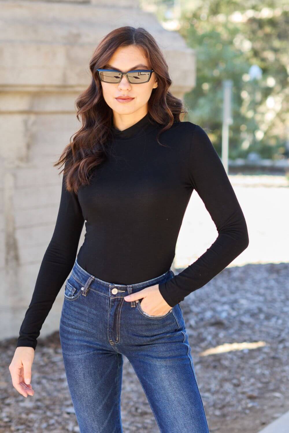 BASIC BAE Full Size Mock Neck Long Sleeve Bodysuit at Bella Road