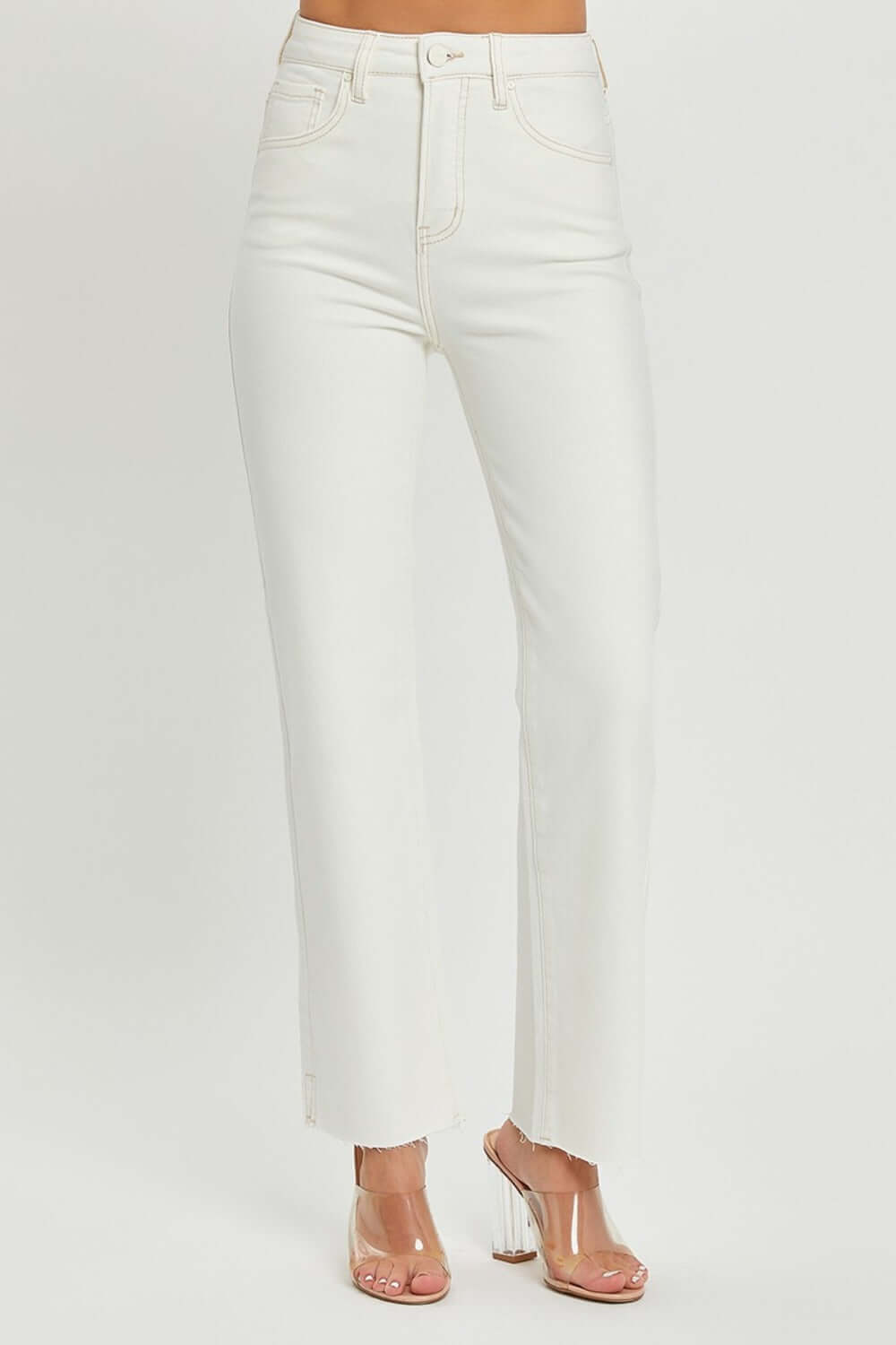 RISEN High Rise Tummy Control Straight Jeans with Raw Hem, White, Front View. Perfect for Style and Comfort.