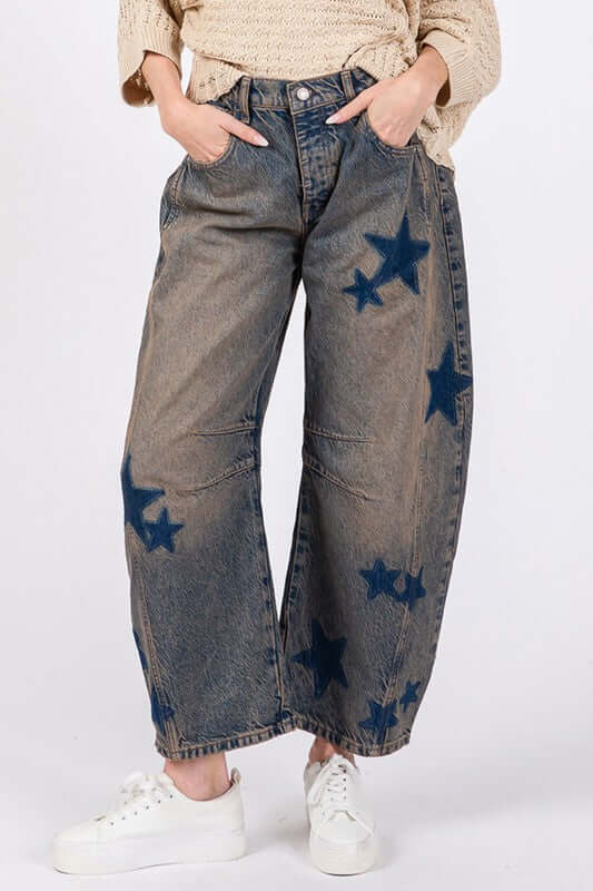 Trendy SAGE + FIG Star Wide Leg Jeans with Pockets, featuring a stylish star design for a chic look. Perfect for everyday wear!