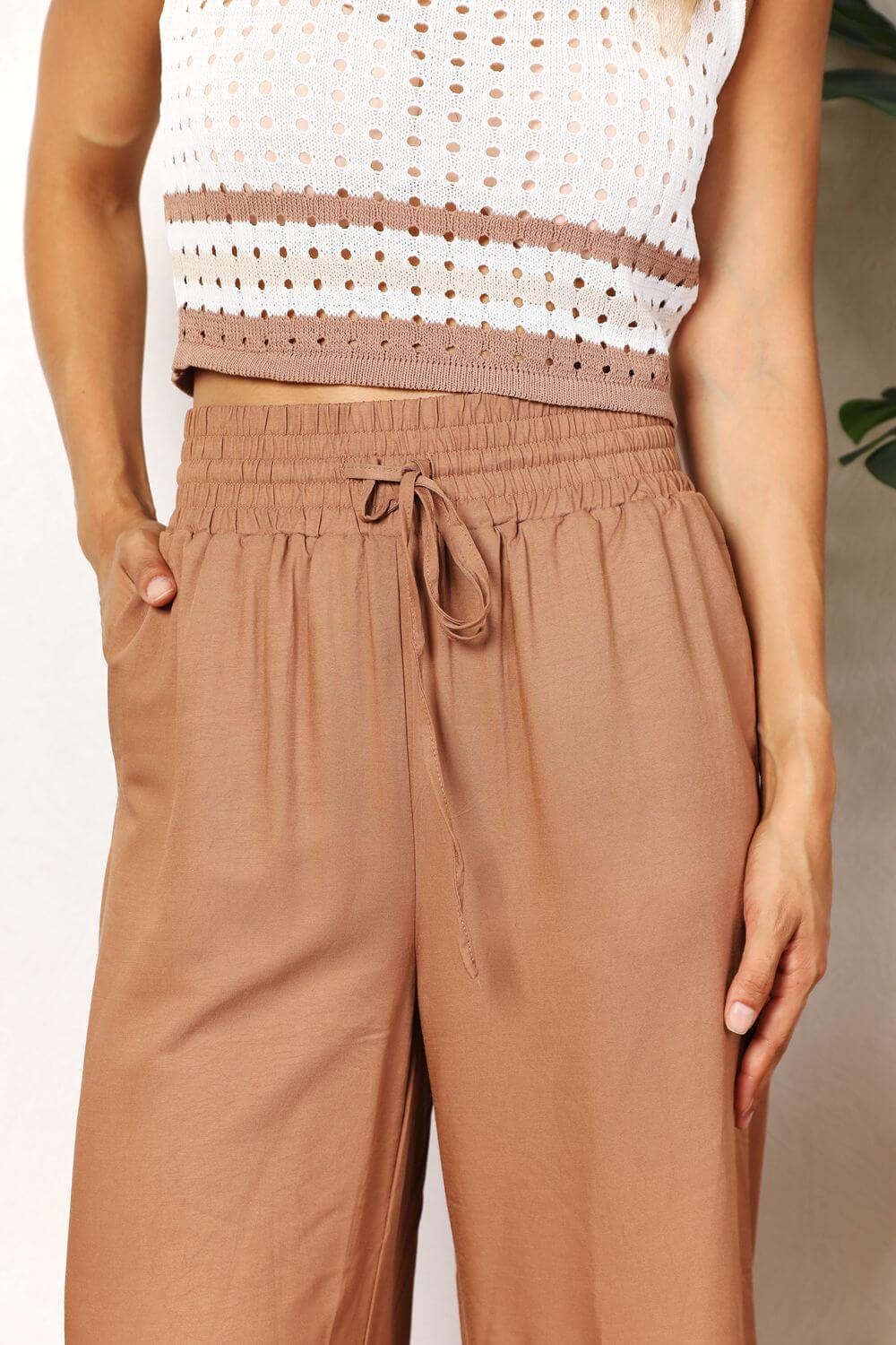 DOUBLE TAKE Drawstring Smocked Waist Wide Leg Pants at Bella Road