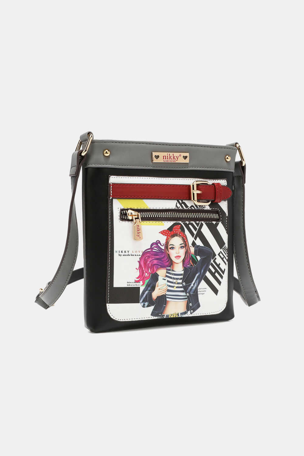 Nicole Lee USA Nikky Crossbody Bag in black eco-leather with front zipper pocket and colorful design.