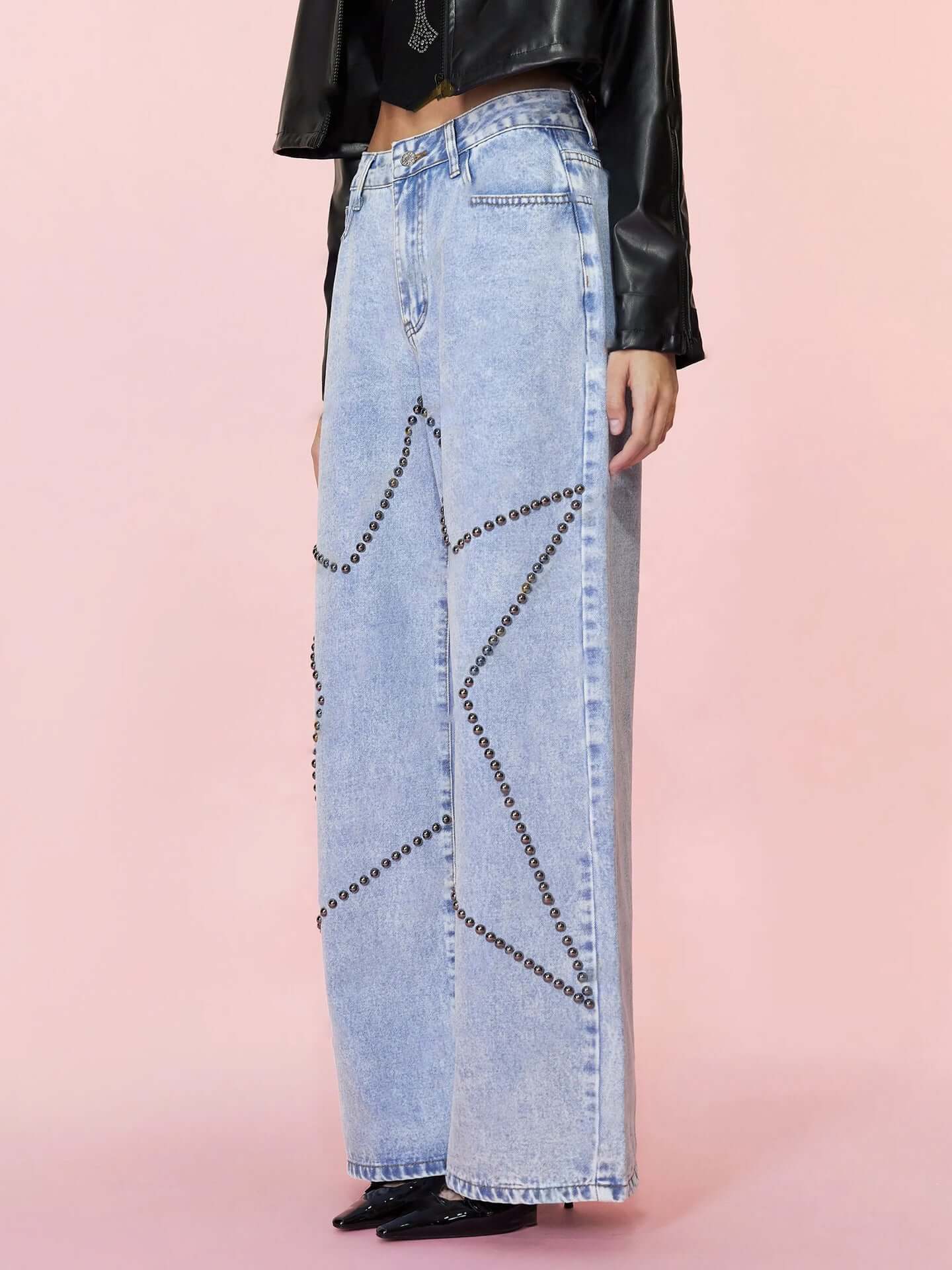 Bella Road Studded Star Straight Jeans with pockets, featuring striking star accents and slightly stretchy fabric for a chic look.