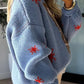 Cozy Bella Road Boot Pattern Sweater with Round Neck and Dropped Shoulders in Blue with Red Accents