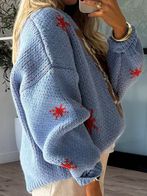 Cozy Bella Road Boot Pattern Sweater with Round Neck and Dropped Shoulders in Blue with Red Accents