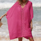 Woman wearing a Cutout V-Neck Three-Quarter Sleeve Cover Up in pink at the beach, featuring openwork design, sheer fabric, and no stretch.