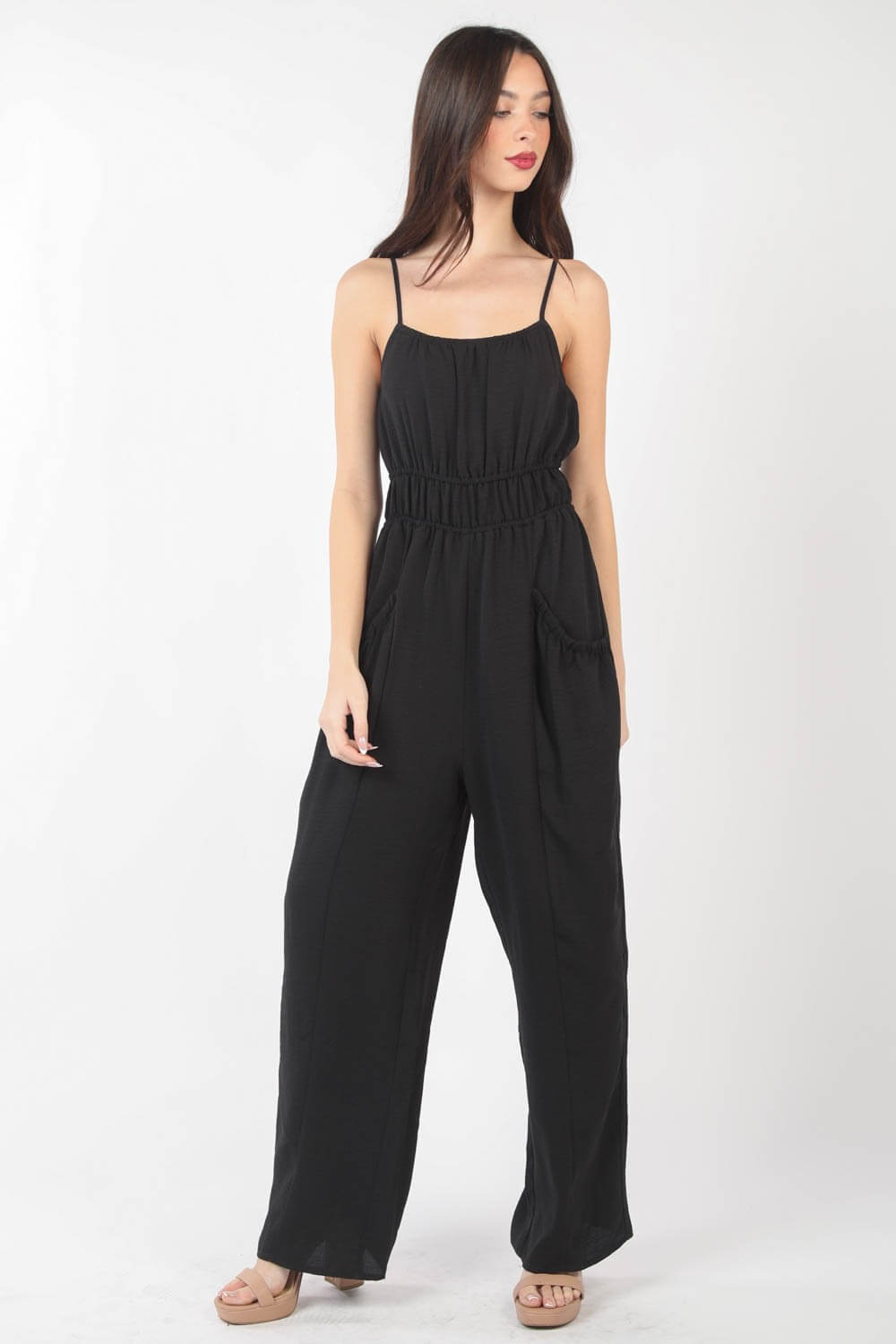 VERY J Pintuck Detail Woven Sleeveless Jumpsuit at Bella Road