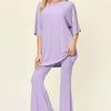 Round Neck Drop Shoulder T-Shirt and Flare Pants Set | Full Size - Lavender